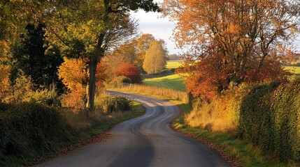 Winding Country Road Through Autumnal Trees and Lush Green Fields