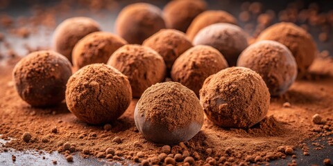 Close up horizontal image of decadent chocolate truffles sprinkled with cocoa powder