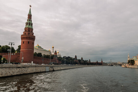 Vodovzvodnaya Bashnya and Moscow river at the Kremlin in Moscow, Russia.
