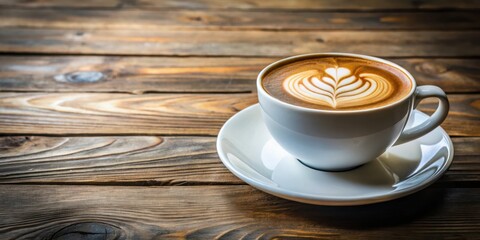 Obraz premium Hot latte served in a white cup on a rustic wooden table