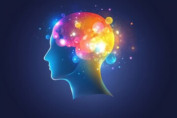 Hemispheric processing cerebral flow and glowing synapses abstract digital head with floating colorful orbs and light trails symbolizing cognitive thought processes