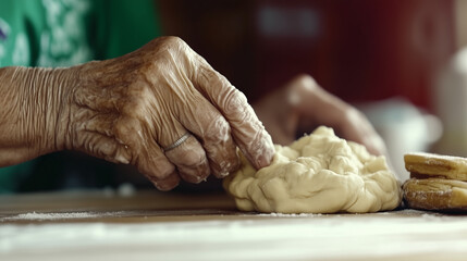 A woman's wrinkled hands knead dough on a wooden table, creating a fresh batch of bread