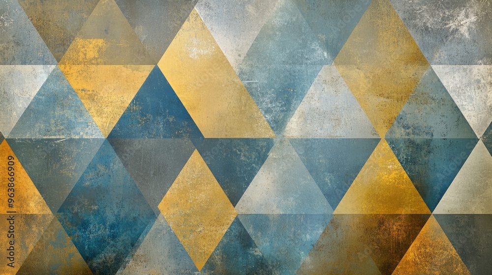 Fototapete ethereal triangles in gold, blue, and grey form a harmonious abstract pattern, creating a calming ba