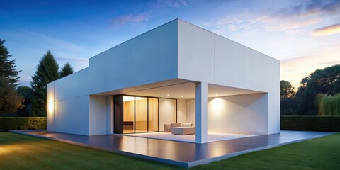 Modern white cube house in the evening with minimalist architecture and sleek design