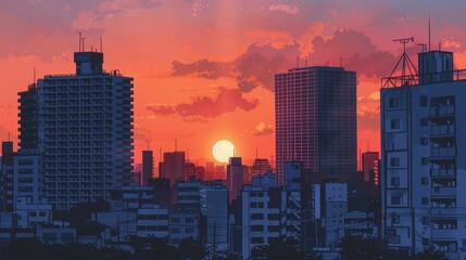 Fototapeta premium poor tall buildings in sunset, realistic painting style