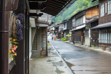 日本　長野県塩尻市奈良井にある中山道の宿馬町、奈良井宿の町並み