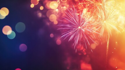 Fototapeta premium Fireworks burst in vibrant colors against the dark sky, creating a festive and energetic scene with ample copy space.