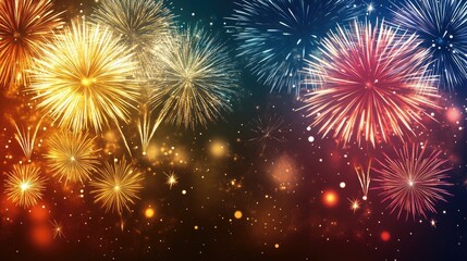 Fireworks burst in vibrant colors against the dark sky, creating a festive and energetic scene with ample copy space.