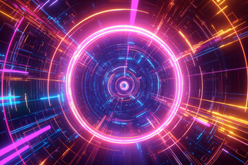 A vibrant, abstract digital tunnel with glowing lines and circles, evoking a sense of depth and motion.