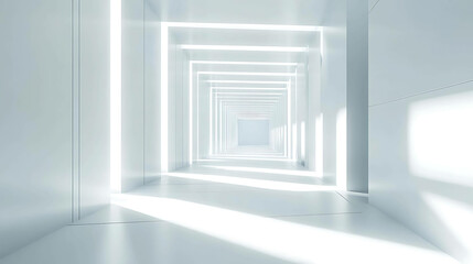 Fototapeta premium A long, white hallway with geometric lines leading to the horizon.