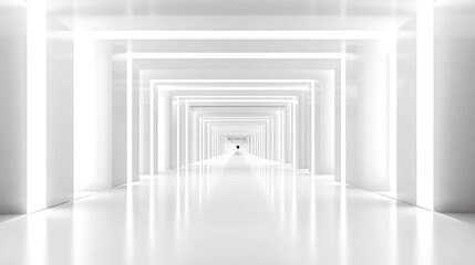 Obraz premium A long, white hallway with bright lights leads to a distant vanishing point.
