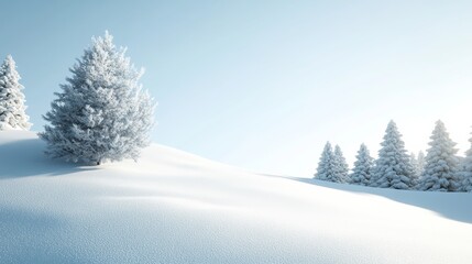 Obraz premium A 3D render of a snow-covered hillside with a frosted pine tree and a bright, clear sky