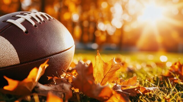 American Football on Autumn Leaves in Golden Sunlight