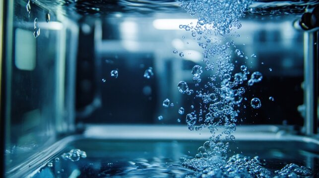 Hydrogen gas being produced through electrolysis, bubbles forming as hydrogen rises in the tank