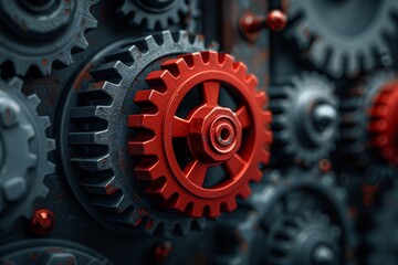 red gear in a mechanism among other gray gears