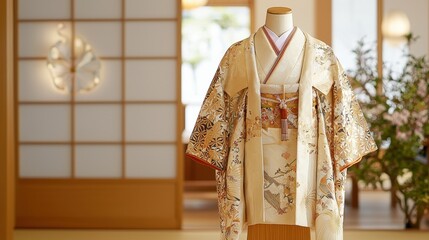 Traditional Japanese Kimono on a Mannequin with Floral Design