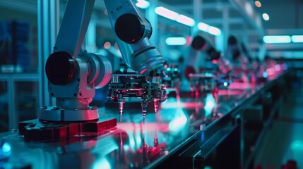 Robotic arms assembling and moving around small shiny objects for aerospace manufacturing processes. Futuristic factory shop floor in lights and fair colors