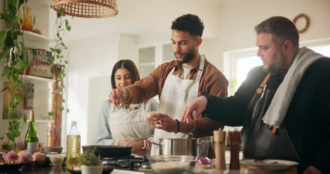 People, cooking and chef in kitchen for education for meal prep, teaching class or hospitality industry of nutrition. Couple, instructor and masterclass for learning culinary, food and instructions