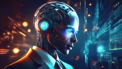 Obraz premium A robot with a futuristic design. The robot has a round head with LED lights flashing, giving it a sophisticated feel. It is dressed in a smart suit, suggesting that it may function in a professional 