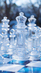 A close-up of a crystal chess piece highlighting its intricate design and elegance on a blue and white chessboard.