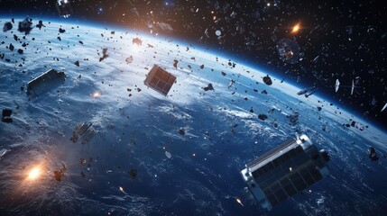 Naklejka premium Satellites and space debris swirl in orbit around Earth in a 3D illustration, showcasing the issue of space junk