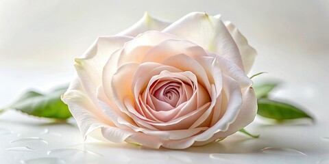 Softly lit, delicate petals of a pale pink rose unfolding against a pristine white backdrop, showcasing intricate texture and lifelike colors.