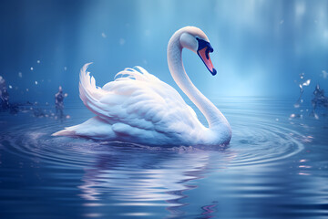 A graceful white swan gliding through tranquil waters, surrounded by soft blue hues and gentle ripples, embodying serenity and beauty.