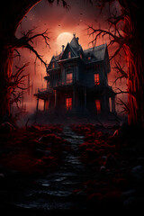 A haunting, eerie house shrouded in darkness with glowing windows, surrounded by sinister trees and a blood-red moon.