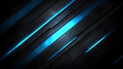 Abstract Blue Neon Light Lines on Black Geometric Background