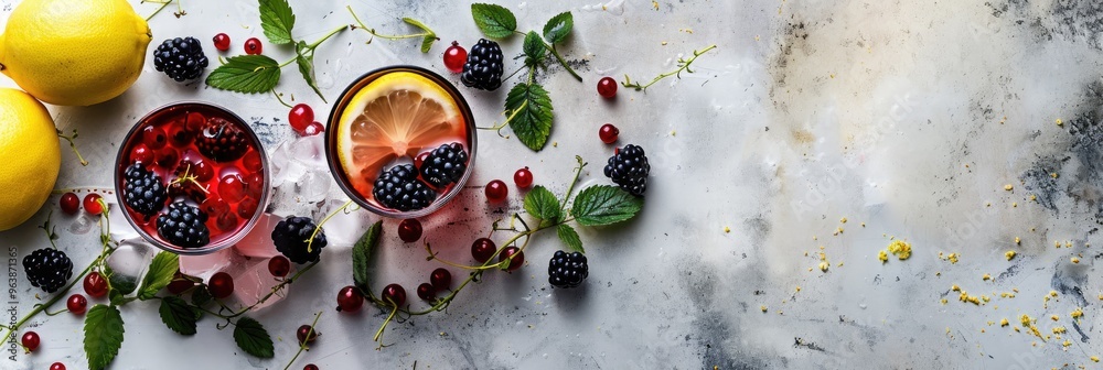 Poster Refreshing summer berry drink featuring blackcurrant and lemon with space for text.