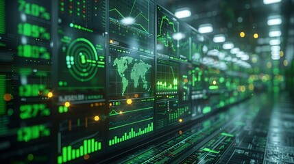 Stock market graphs and economic data visualized with icons of solar panels and wind turbines, uprising green stock market graph, green symbols, positive, positivity - Powered by Adobe