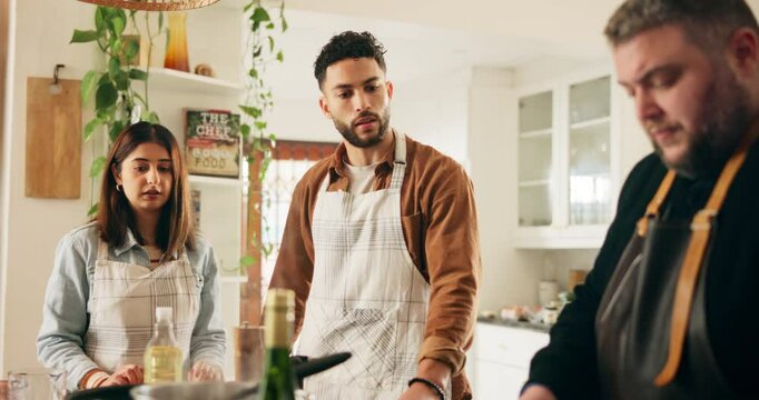 Couple, teaching and cooking class in kitchen, industry or hospitality for diet or nutrition in home. People, chef and culinary art with gourmet cuisine, menu and creative for skills, bonding or food
