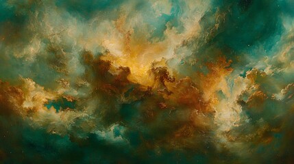 Obraz premium Abstract Green and Gold Swirling Clouds