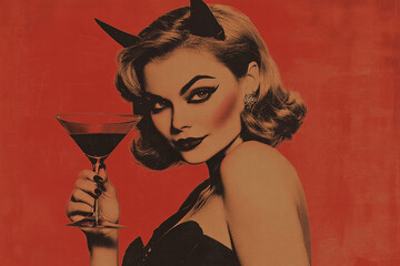 A vintage style illustration of a woman dressed as the devil holding a cocktail. Halloween party