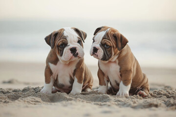Obraz premium Two adorable bulldog puppies playfully sitting on the beach sand, with the ocean in the background.