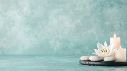 Spa Relaxation   White Lily Flower  Burning Candles  Stones and Teal Background