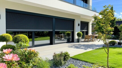 Modern House with Black Roller Shutters and Patio