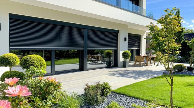 Modern House with Black Roller Shutters and Patio