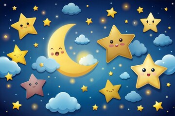 Fototapeta premium Happy starry night with moon and cute stars in cartoon sky illustration
