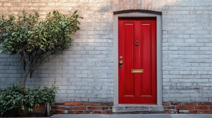 The elegance of a red door on a textured brick wall, blending classic architecture with a striking color palette.