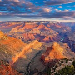 Majestic Grand Canyon landscape at sunset with dramatic rock formations and a river winding through the canyon.