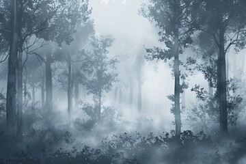 Obraz premium Misty winter morning in the snow-covered woods, with fog-shrouded trees and a winding road disappearing into the white mist