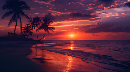 Obraz premium How about: A tropical sunset over the beach with palm trees silhouetted against an orange sky?