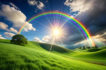 Obraz premium Spectacular rainbow over rolling green hills on sunny day with fluffy clouds and blue sky