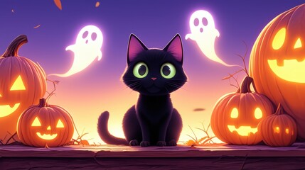 Fototapeta premium A cute black cat wearing a witch's hat represents Halloween, which is celebrated every October 31st.