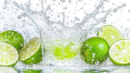 Fresh Lime Slices Splashing in Water with Bubbles