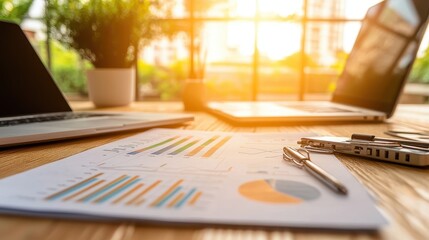 Financial Report on Wooden Desk with Laptop  Pen and Charts