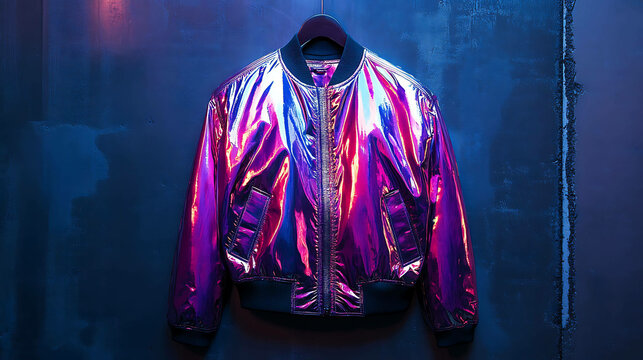 A shiny, iridescent purple bomber jacket hangs against a dark blue background.