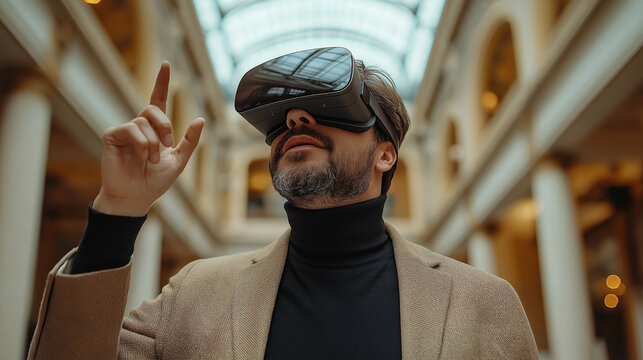 Man in VR Headset Exploring Virtual World: A man wearing a VR headset explores a virtual world, his hand outstretched as if interacting with the unseen, symbolizing the boundless possibilities and imm