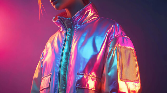 A close-up of a person wearing a shiny iridescent jacket, lit with neon pink and blue light. - Powered by Adobe